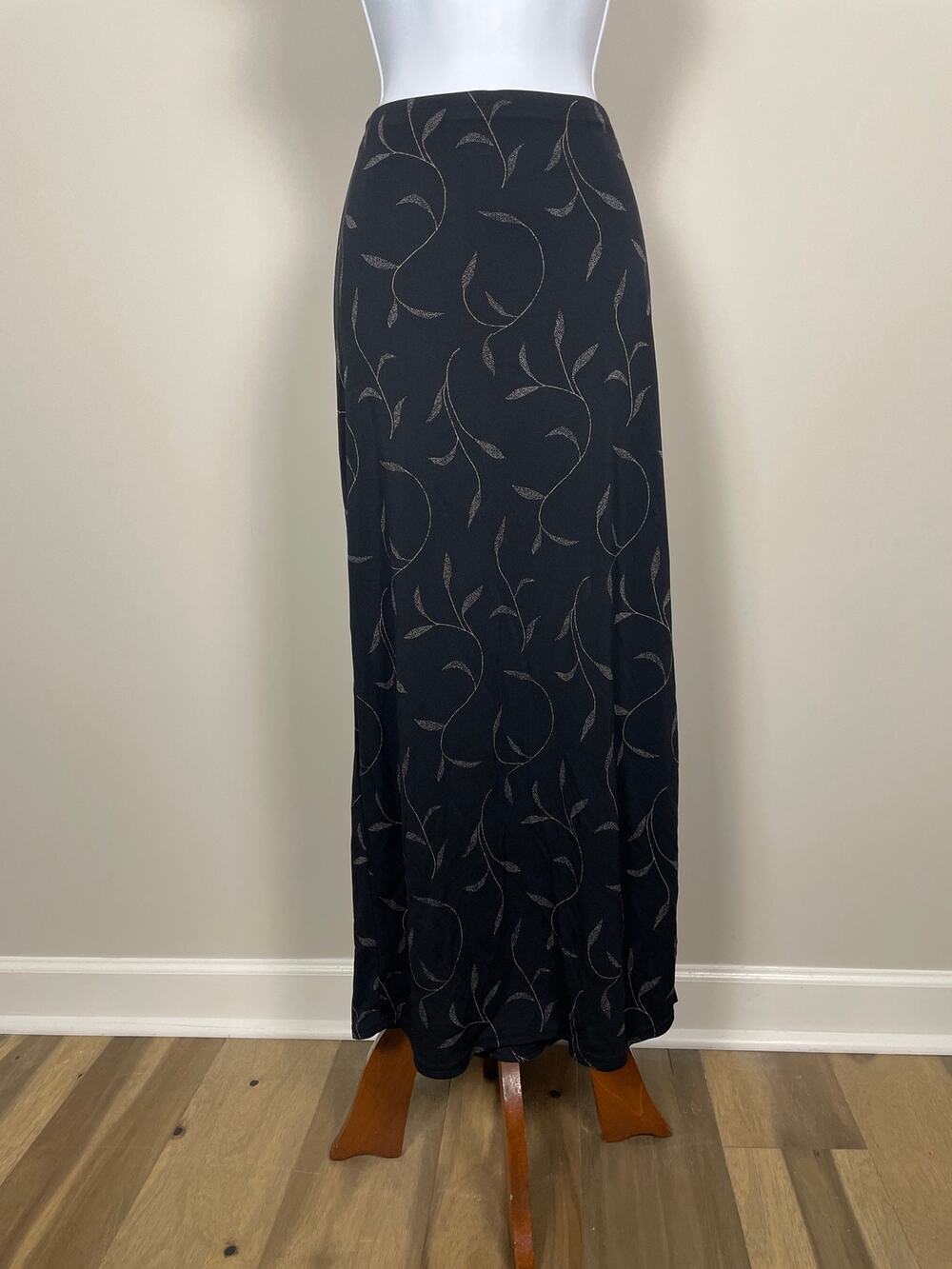 Gap M Black Maxi Skirt Cream Leaf Print Elastic Waist Slit